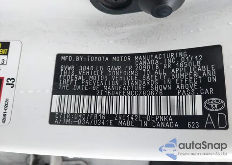 2012 Toyota Corolla Le из США, поврежденный, VIN 2T1BU4EE9CC783676